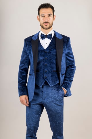 T traje de boda formal de terciopelo azul para hombre de 3 piezas