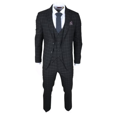 Traje de tres piezas ajustado para hombre con cuadros negros