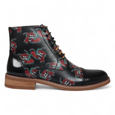 Botines Oxford de piel con estampado floral y calavera negra para hombre de Justin Reess - Adam Skull