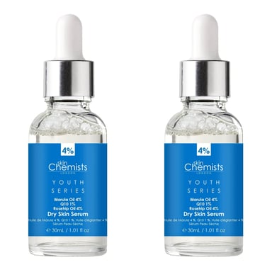 skinChemists Serie Juventud Suero para Piel Seca Aceite de Marula 4%, Q10 1%, Aceite de Rosa Mosqueta 4% 30ml x 2 Paquete Dúo
