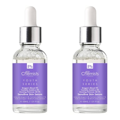 skinChemists Serie Juvenil Suero para Piel Sensible Sangre de Dragón 5%, Centella Asiática 3%, Aceite de Onagra 1% 30ml x 2 Paquete Dúo