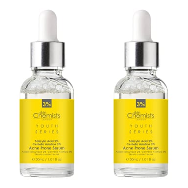 skinChemists Serie Juventud Suero para Piel Propensa al Acné Ácido Salicílico 2%, Centella Asiática 3% 30ml x 2 Paquete Doble