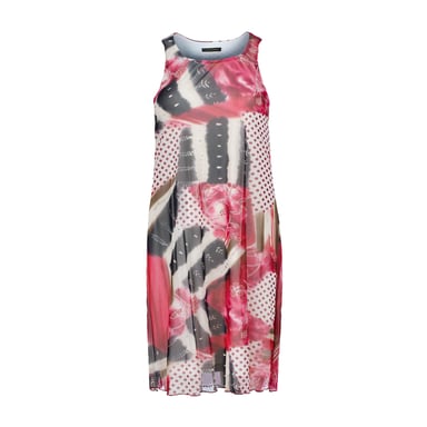 Vestido midi sin mangas: estampado abstracto en rojo, malla de nailon transparente, totalmente forrado en algodón