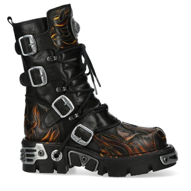 Botas góticas de media caña New Rock M-591-C58 de cuero negro flameado metalizado