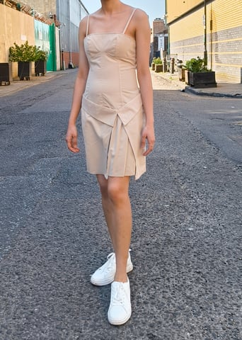 Mini Vestido Beige Tall Woven Pleated Detail