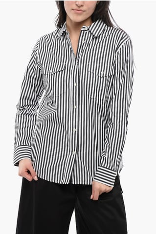 Camisa sahariana de hilo a rayas Awning en blanco y negro
