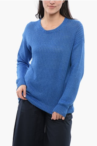 Suéter de lino con cuello redondo en azul