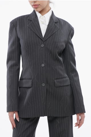 Blazer ajustado de mezcla de lana virgen con rayas diplomáticas en gris
