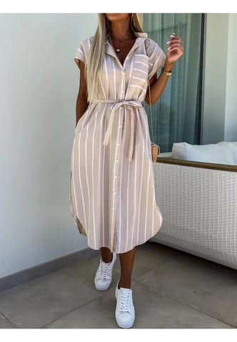 Vestido de manga corta a rayas con cinturón en la cintura para mujer