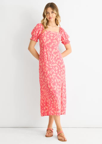 Vestido midi de viscosa con cuello cuadrado y estampado animal rosa