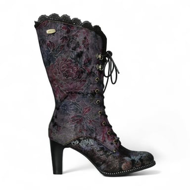 Botas altas de tacón de cuero victoriano gótico para mujer Laura Vita Alcbane 0351 con diseño floral violeta