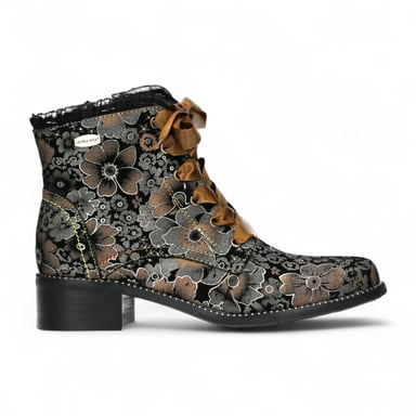 Botas de tacón de cuero victoriano gótico para mujer Laura Vita Emcmao-45 con diseño floral marrón