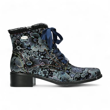 Botas de tacón de cuero victoriano gótico para mujer Laura Vita Emcmao-45 con diseño floral azul
