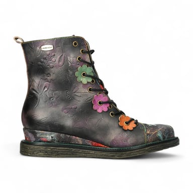 Botas de tacón de tobillo de cuero victoriano gótico para mujer Laura Vita Ercnaulto 212 con diseño floral gris