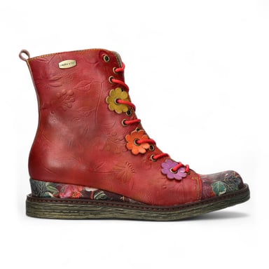 Botas de tacón de tobillo de cuero victoriano gótico para mujer Laura Vita Ercnaulto 212 con diseño floral rojo