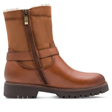 Botines Tamaris para mujer, estilo motero, de piel color coñac, marrón tostado y con hebilla y cremallera, para invierno