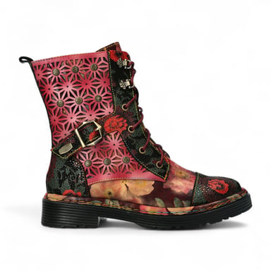Botas altas hasta el tobillo de cuero victoriano gótico para mujer con diseño floral rojo Laura Vita Incaso 36