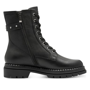 Botines Tamaris de combate con cordones y cremallera de cuero negro para mujer