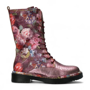Botas altas de cuero victoriano gótico para mujer Laura Vita Incaso-18 con diseño floral burdeos