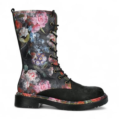 Botas altas de cuero victoriano gótico para mujer Laura Vita Incaso-18 con diseño floral negro