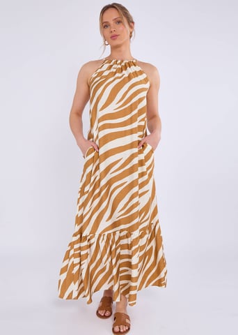 Maxi Vestido Marrón Cuello Halter Estampado Cebra