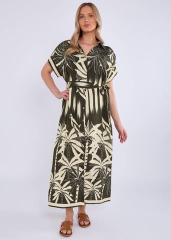 Vestido camisero midi caqui con estampado tropical