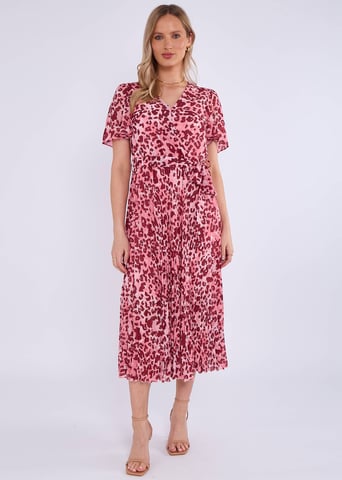 Vestido midi plisado con estampado animal rosa