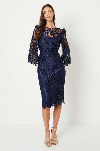 Satin Lace Boat Neck Midi Dress With Fluted Sleeve