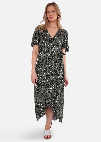 Vestido midi de viscosa con estampado animal caqui