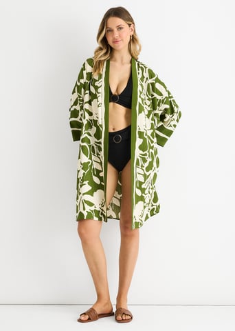 Kimono de playa negro con estampado de bordes veraniegos