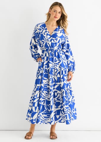 Blaues abstraktes Wickelkleid mit elastischer Taille Midaxi Kleid