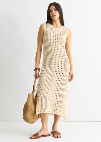 Vestido midi de punto de ganchillo beige
