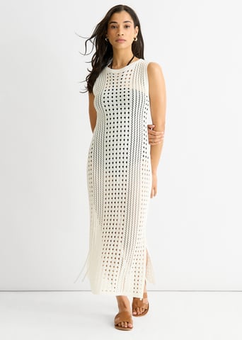 Vestido Midi de Punto de Crochet Blanco