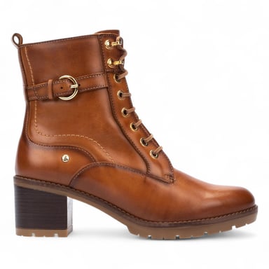 Botines Pikolinos de combate de tacón medio en piel marrón brandy para mujer - Llanes