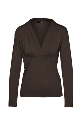Top de jersey de manga larga con escote en V profundo en marrón chocolate