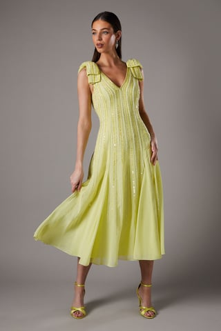 Bow Shoulder Embellished Midi Dress