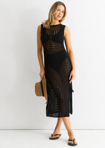 Vestido Midi Bodycon de Punto de Crochet Negro