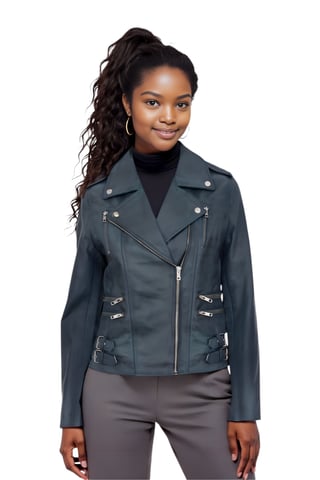 Chaqueta motera Brando de cuero azul verdoso para mujer - Constantia