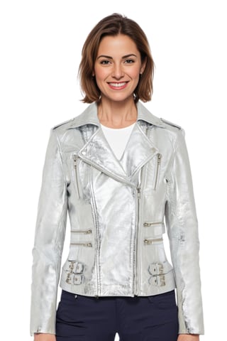 Chaqueta motera de cuero plateada Brando para mujer - Constantia