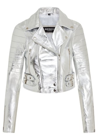 Chaqueta motera de cuero Brando corta plateada para mujer - Damasco
