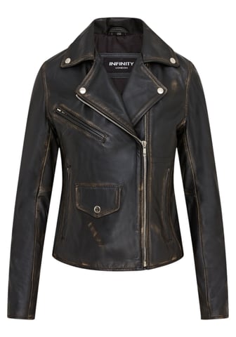 Chaqueta de cuero estilo motero Brando clásica negra vintage para mujer - Broome