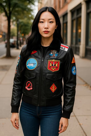Chaqueta bomber de cuero negra A2 Top Gun para mujer - Primavera
