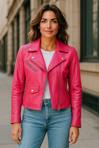 Chaqueta de cuero motera clásica Brando para mujer, color rosa fucsia - Secunda