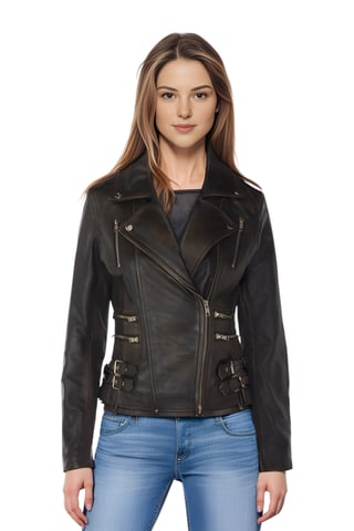 Chaqueta motera Brando vintage de cuero negro para mujer - Constantia