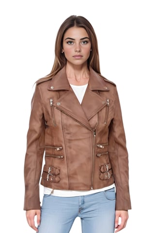Chaqueta motera Brando de cuero marrón tostado para mujer - Constantia