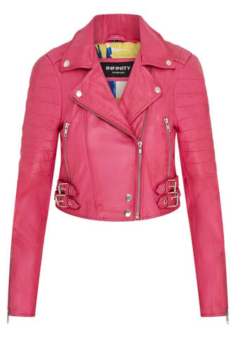 Chaqueta biker de cuero Brando corta rosa fucsia para mujer - Damasco