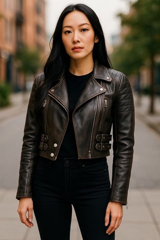 Chaqueta motera de cuero Brando vintage negra y corta para mujer - Durban