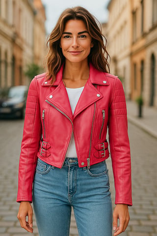 Chaqueta biker corta de cuero Brando para mujer, color rosa fucsia - Durban