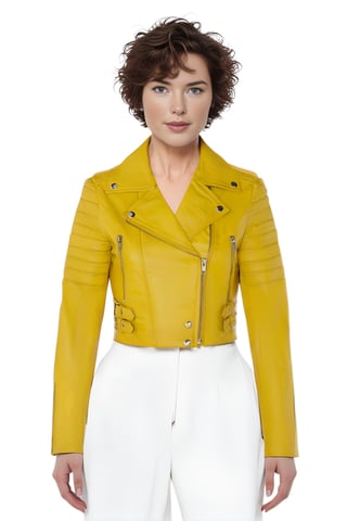 Chaqueta motera de cuero Brando corta amarilla para mujer - Bellville
