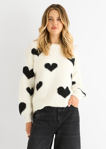 Jersey de punto oversized con corazón en contraste crema
